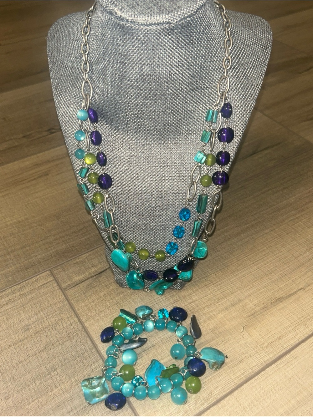 Vintage Seashell Beaded Necklace And Bracelet Aqua Ocean Coastal Cowgirl Layered